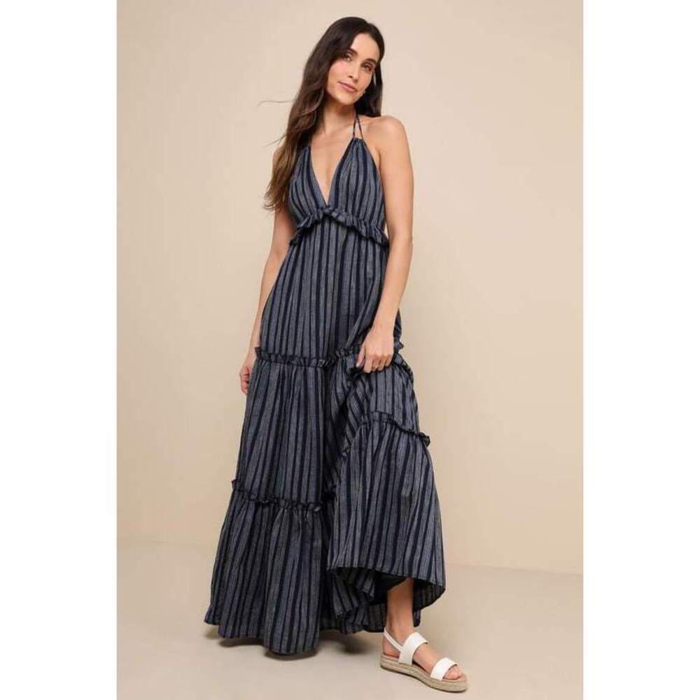 Vacay Babe Navy Blue Striped Halter Maxi Dress. NWT. As seen in website picture